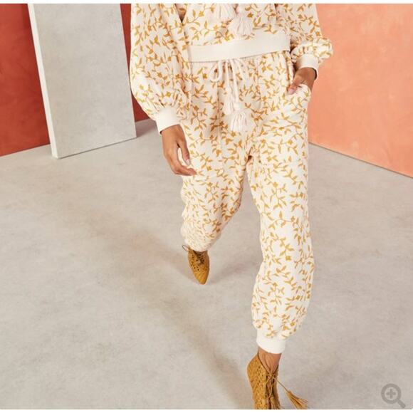 ULLA JOHNSON Cream Brown Drawstring Waist Floral Rose Charley Pant Size L NEW - Picture 1 of 10